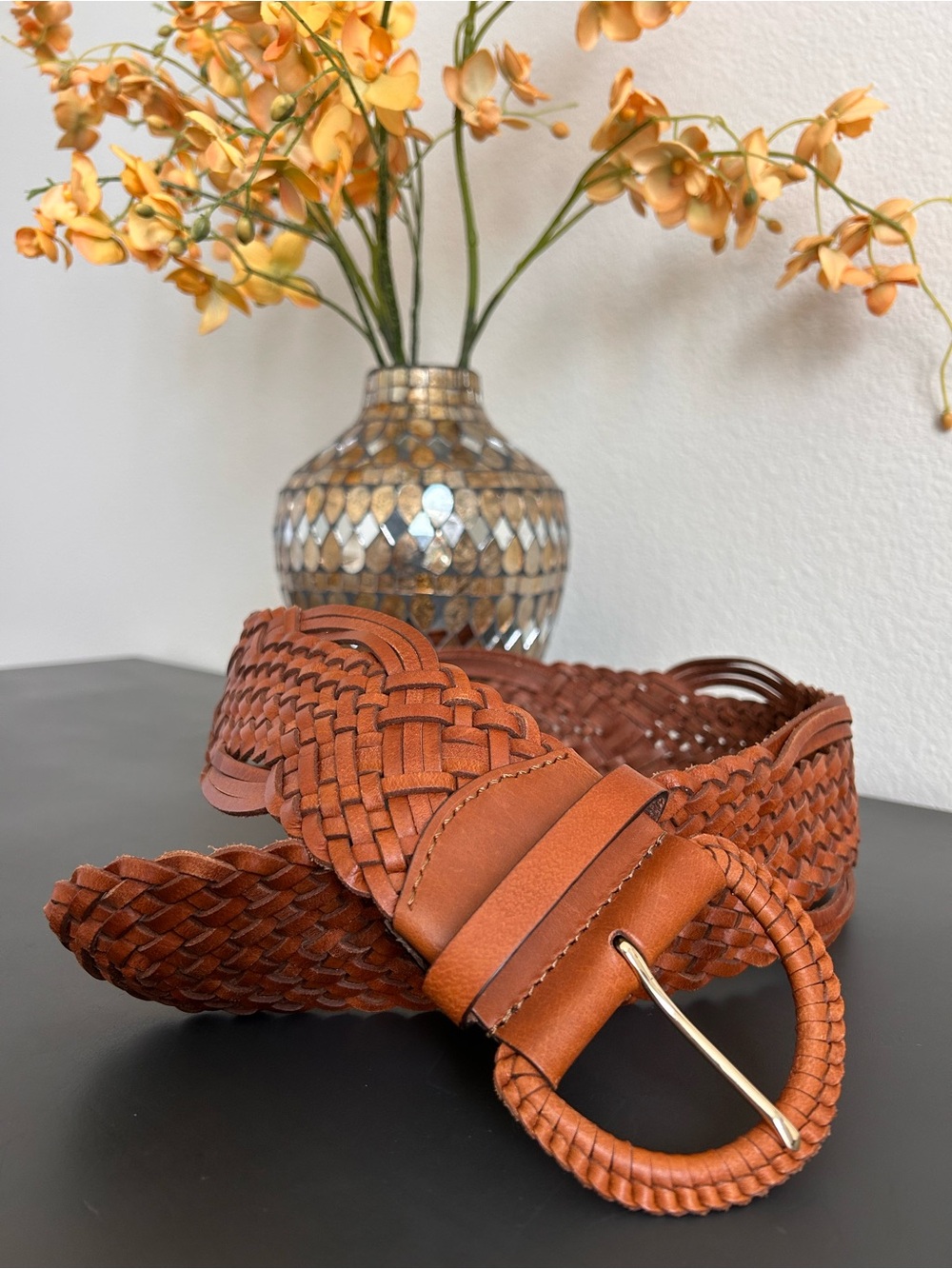 Abercrombie & Fitch Braided Leather Belt in Cognac Brown